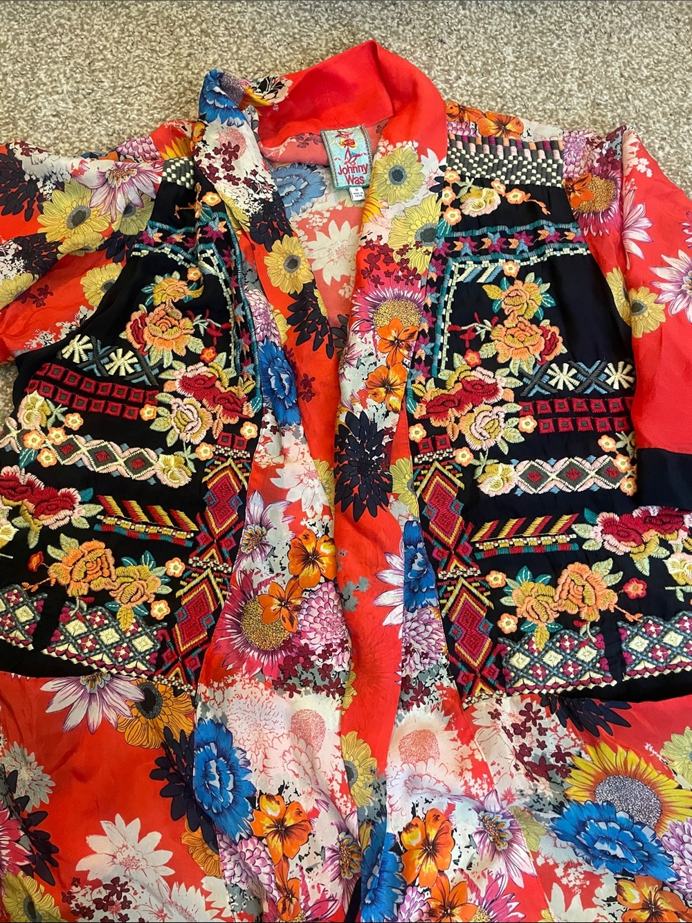 Johnny Was Silk Red Floral Embroidered Kimono Blouse - Picture 4 of 6